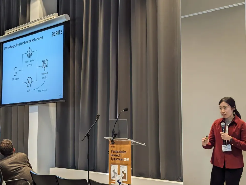 Ruth Lu presenting RERITE research at the Transportation Research Symposium 2025